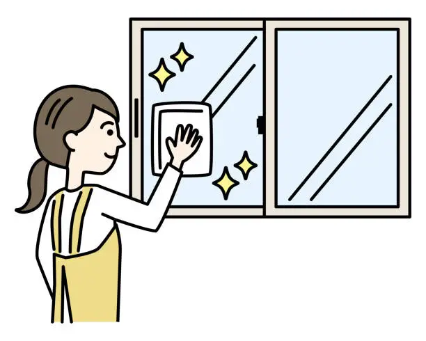 Vector illustration of Line drawing illustration of a woman wiping the window