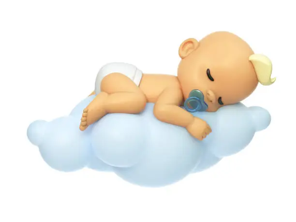 Photo of Baby sleeping on a cloud 3d illustration, Cartoon baby character 3d rendering