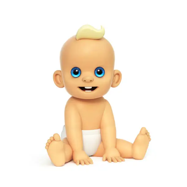 Cute Baby sitting, Caucasian infant 3d rendering on white background  isolated illustration