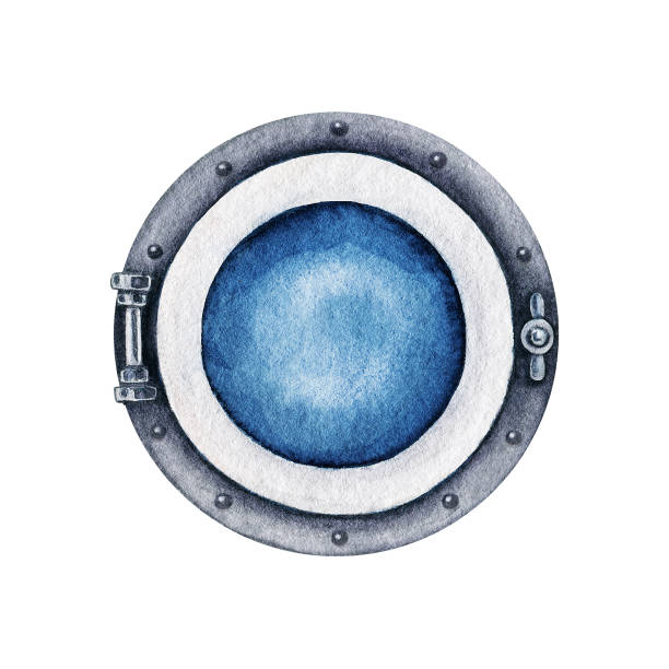 Watercolor round silver Ship's Porthole window with rivets. Vintage Nautical vessel part. Maritime Sea traveling clipart. Hand drawn design element isolated Watercolor round silver Ship's Porthole window with rivets. Vintage Nautical vessel part. Maritime Sea traveling clipart. Hand drawn element isolated for design print, logo, poster, invitation sail boat clipart pictures stock illustrations