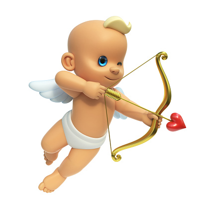 Cupido frente a un gran corazón rojo, amor y símbolo del día de San Valentín. Flecha de disparo Cupido, aislado en el fondo blanco 3d renderizado photo