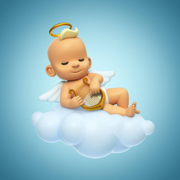 piccolo angelo bambino che gioca l'liola sulla nuvola, personaggio dell'angelo dei cartoni animati con ali e alone nel cielo, rendering 3d - humor inspiration angel child foto e immagini stock