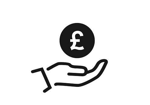 save money icon. british pound sterling coin on hand. banking, investment and finance symbol
