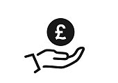 istock save money icon. british pound sterling coin on hand 1318648292