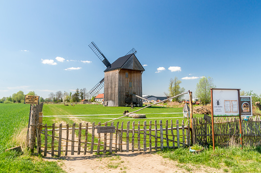 Mokry Dwor, Poland - May 13, 2021: Old windmill in Mokry Dwor village.