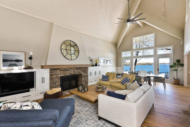 istock Modern Living Room Home Interior Design with fireplace and Television 1318653703