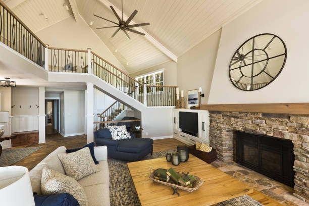 istock Modern Living Room Home Interior Design with fireplace and Television 1318653737