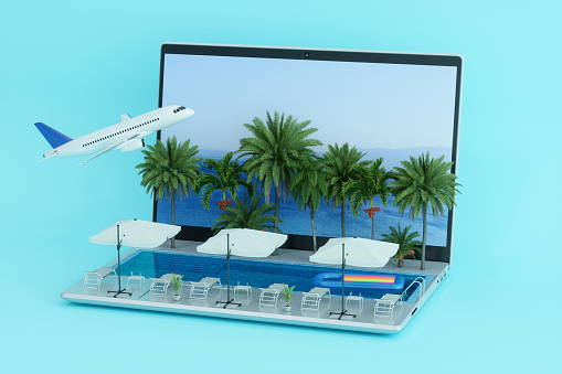 Online Holiday Reservation, Booking On Internet With Laptop On Turquoise Background