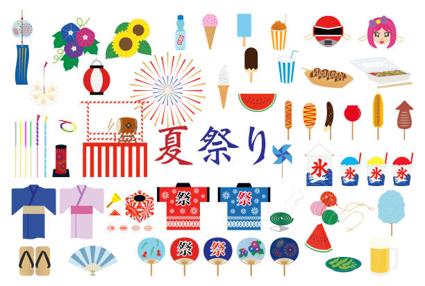 zestaw ikon japońskiego festiwalu - traditional festival illustrations stock illustrations