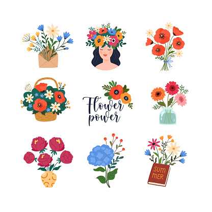 Vector illustration of bright cartoon floral compositions: bouquets, woman with a wreath, envelope and basket with flowers. Isolated on white