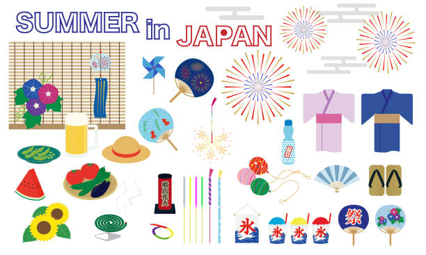 zestaw ikon z letniego japońskiego lata - liquor store stock illustrations
