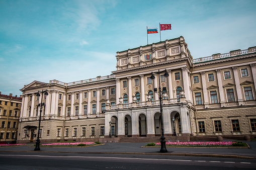 Kyiv, Ukraine - April 28, 2012: The imposing curved frontage (facade) of the building housing the Cabinet of Ministers of Ukraine, Government House. View from Mykhaila Hrushevskoho St. Wide angle view.