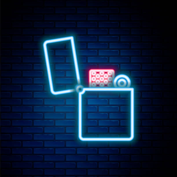 istock Glowing neon line Lighter icon isolated on brick wall background. Colorful outline concept. Vector 1318657092