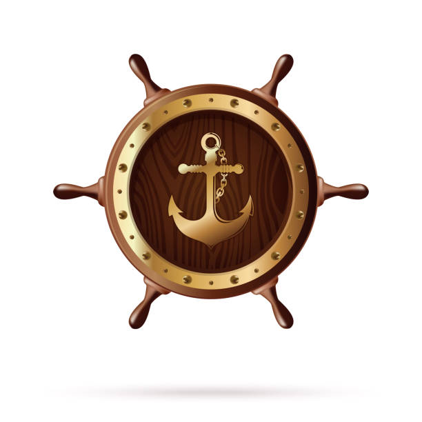 Anchor image on a wooden steering wheel Anchor image on a wooden steering wheel. Wooden ships wheel. Vector illustration isolated on white background rudder stock illustrations