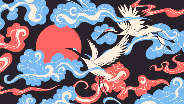 кран птиц, летящих через облака плоские иллюстрации мультфильма. азиатский дизайн баннера природы. - korea stock illustrations