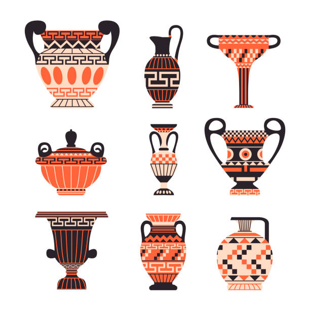 starożytna grecka kolekcja elementów wazonu. antyczny zestaw amfor izolowanych. - urna dekoracyjna stock illustrations