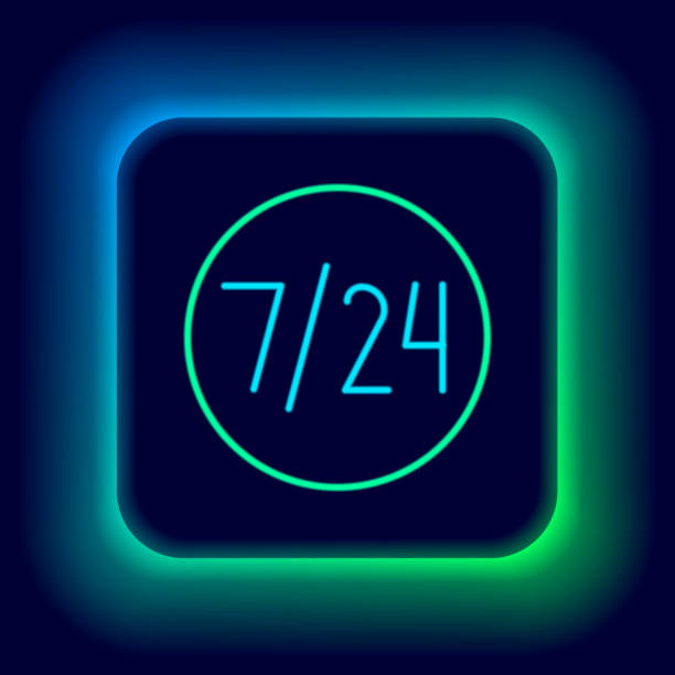 istock Glowing neon line Clock 24 hours icon isolated on black background. All day cyclic icon. 24 hours service symbol. Colorful outline concept. Vector 1318661095