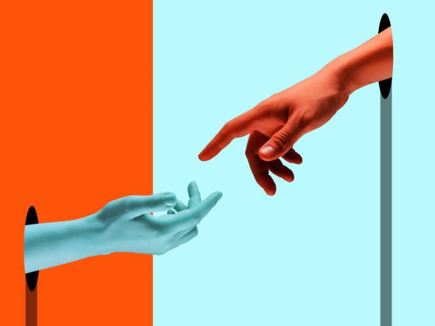 istock Bright painted hands touching by fingers. Contemporary art collage. 1318663081