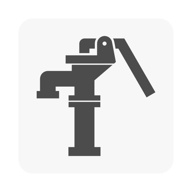 Deep well hand pump vector icon design. For suction groundwater from shallow deep borehole at drought, countryside. Deep well hand pump vector icon design. Also called manual pump, pitcher pump with Vintage and traditional style. Consist of spout, lever rod or handle, pipe and body above ground at outdoor, garden for suction groundwater from shallow deep borehole. That underground water source for plumbing, potable drinking at drought, countryside. hand water pump stock illustrations