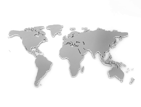 High quality 3d render. World map made of metal isolated on white background