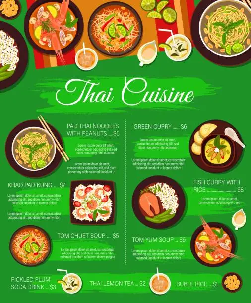 Vector illustration of Thai food cuisine menu, restaurant meals, dishes
