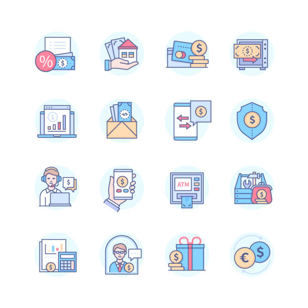 Bank services - line design style icons set Bank services - line design style icons set. Financial management, budget idea. Credit, mortgage, cards, deposit, investments, payments, money transfer and exchange, cash withdrawal, planning, bonus atm illustrations stock illustrations