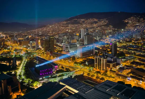 Aerial photograph of downtown Medellin in the foreground Plaza Mayor