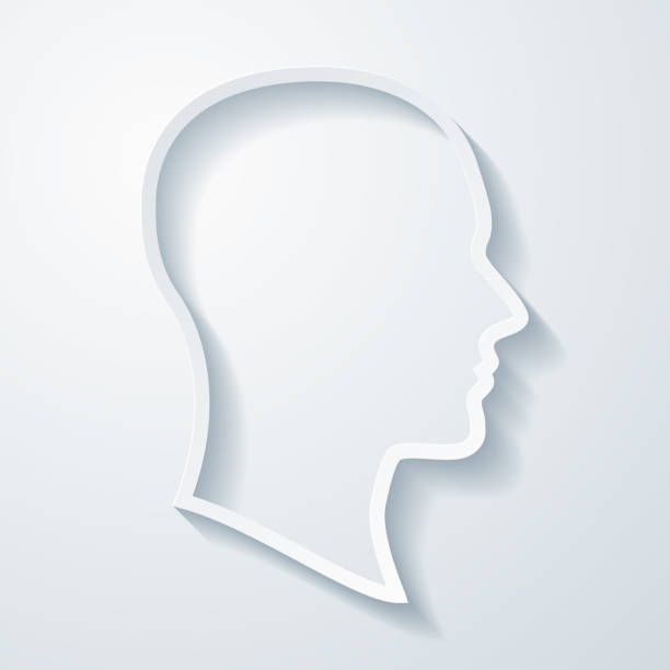헤드 프로파일. 빈 배경에 용지 절단 효과가 있는 아이콘 - human head silhouette side view men stock illustrations