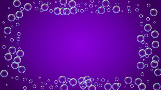 Detergent foam. Soap bath bubble and suds for bathtub. Shampoo. Minimal fizz and splash. Realistic water frame and border. 3d vector illustration concept. Purple colorful liquid detergent foam