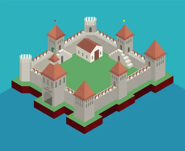 Vector illustration of Isometric image of a medieval fortress. 3D isometric drawing