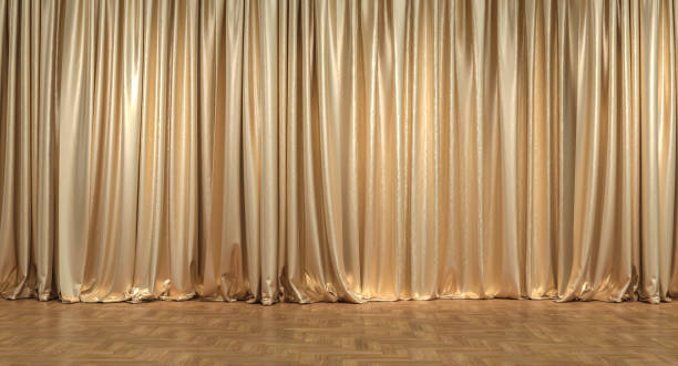 istock gold curtains and wooden floor. 1318668988