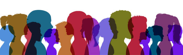 Silhouette profile group of men and women of diverse culture. Concept of racial equality and anti-racism. Multicultural society, friendship. Diversity multiethnic and multiracial people - vector Silhouette profile group of men and women of diverse culture. Concept of racial equality and anti-racism. Multicultural society, friendship. Diversity multiethnic and multiracial people - vector racial equality stock illustrations