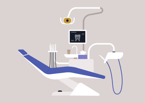 A dentist chair and tools, a monitor with an x-ray image, drills and other instruments in a stomatology cabinet A dentist chair and tools, a monitor with an x-ray image, drills, and other instruments in a stomatology cabinet dentist stock illustrations