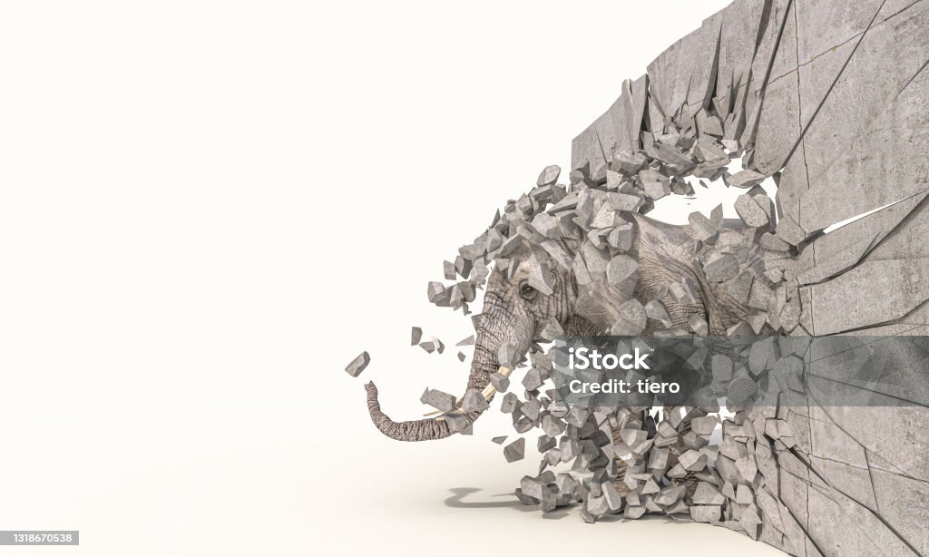 elephant destroys a wall and passes through it. elephant destroys a wall and passes through it. 3d render. Freedom Stock Photo