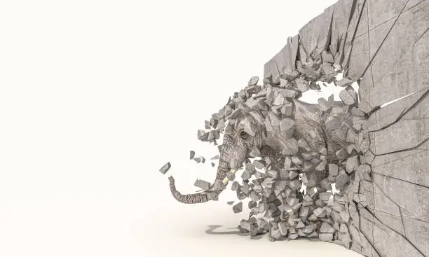 elephant destroys a wall and passes through it. 3d render.