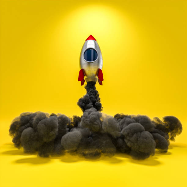 istock space rocket ship in cartoon style with smoke and yellow background. 1318670680