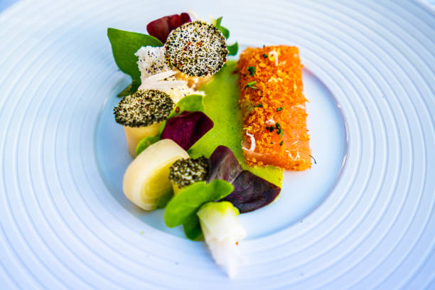Delicious meal on a white plate, top view