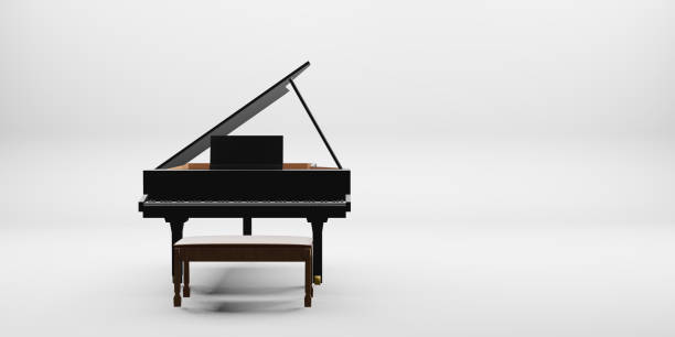 piano y silla sobre un fondo blanco ilustración 3d - moody sky audio fotografías e imágenes de stock