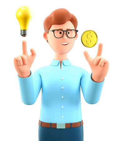 3D illustration of creative man pointing finger at gold dollar coin and generating new ideas for making money. Cartoon businessman, investor with light bulb. Financial solution and growth concept.