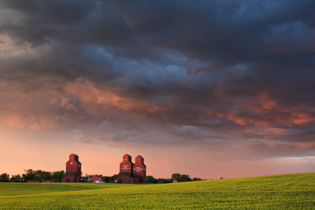 istock Canadian Prairie Town With Three Grain Elevators in Storm 1318677453