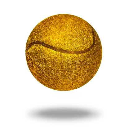 Golden tennis ball on a white background with tenbyu, a symbol of luxury life and victory in competitions