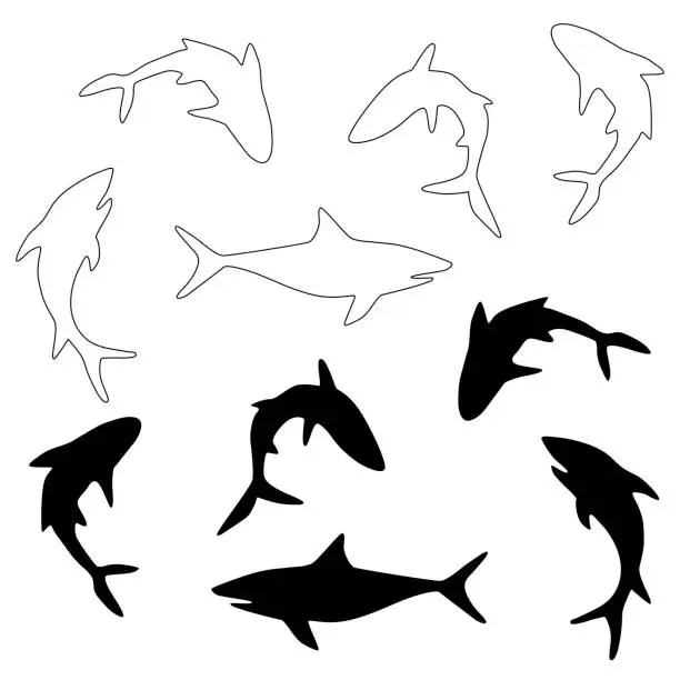 Vector illustration of shark black silhouettes and digital stamps