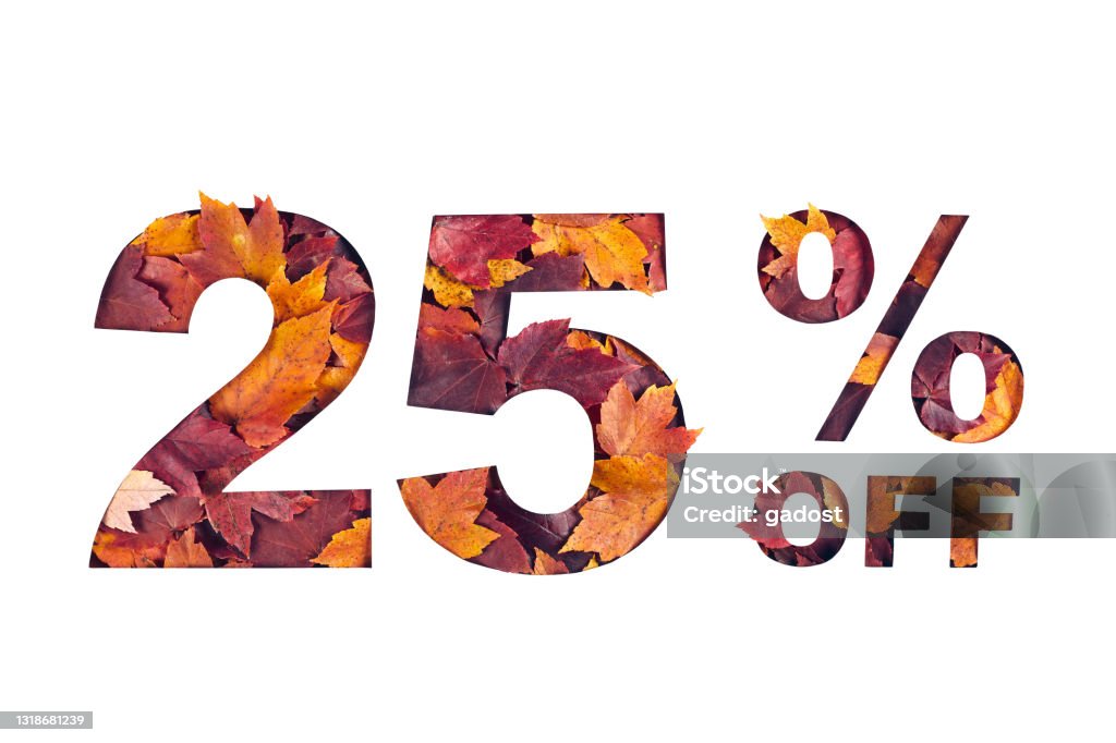 text 25 percent off filled with texture of red fall maple leaves Paper cut 25 percent off text filled with texture of yellow and red autumn fall maple leaves isolated on white background. Autumn flyer, banner or poster design template. Fall shopping concept. Sale Stock Photo