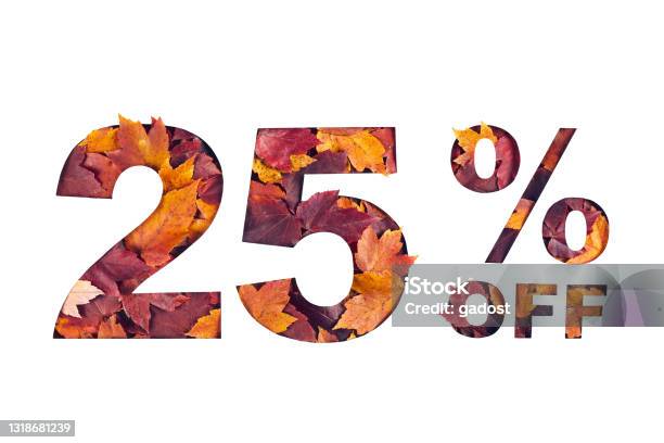 Text 25 Percent Off Filled With Texture Of Red Fall Maple Leaves Stock Photo - Download Image Now
