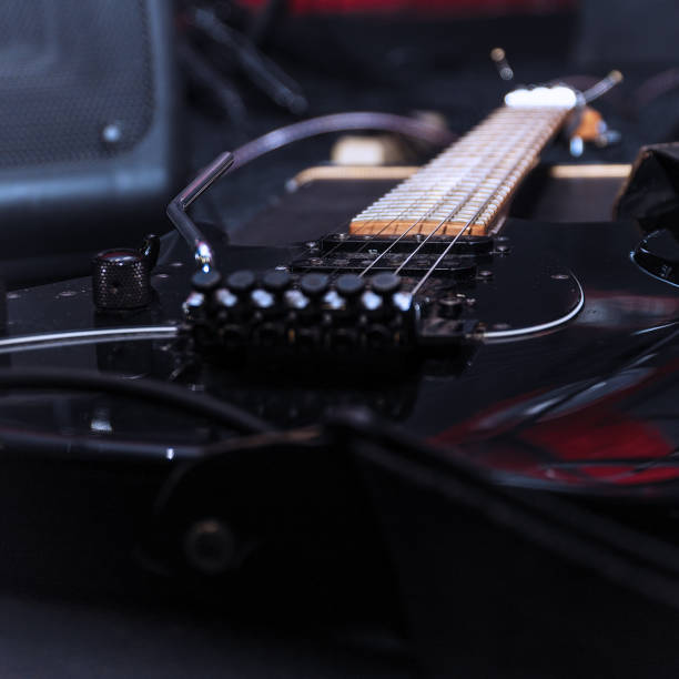 istock Black electric guitar with tremolo on a hard case 1318682581
