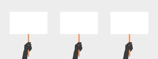 istock Hands hold a board for advertising. People with placards. Placard protest. Human hands hold a blank. Vector illustration 1318685602