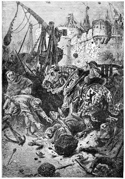 ilustrações de stock, clip art, desenhos animados e ícones de the death of ralph i, lord of coucy at the siege of acre - 12th century - slingshot weapon medieval siege