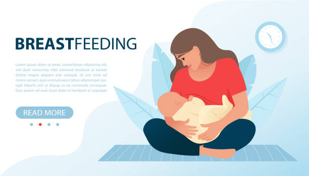 母乳餵養的概念，母親用乳房餵養嬰兒。向量插圖在平面風格，範本橫幅，著陸頁 - 餵人奶 幅插畫檔、美工圖案、卡通及圖標