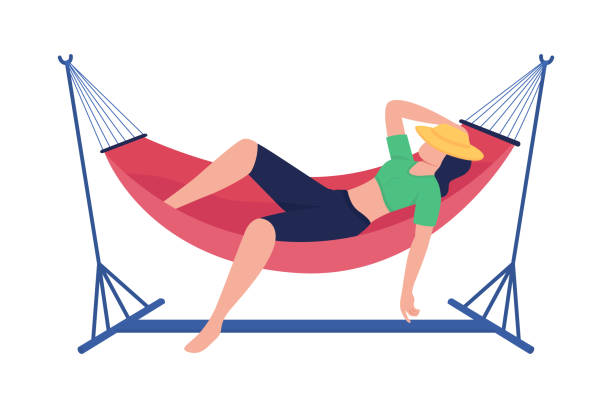 Spending carefree time in hammock flat color vector faceless character Spending carefree time in hammock flat color vector faceless character. Lounging in cradle on backyard. Hammock camping isolated cartoon illustration for web graphic design and animation hammock stock illustrations