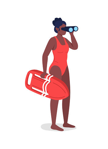 Lifeguard looking in binoculars flat color vector faceless character. African american woman in swimsuit. Summer beach safety service isolated cartoon illustration for web graphic design and animation